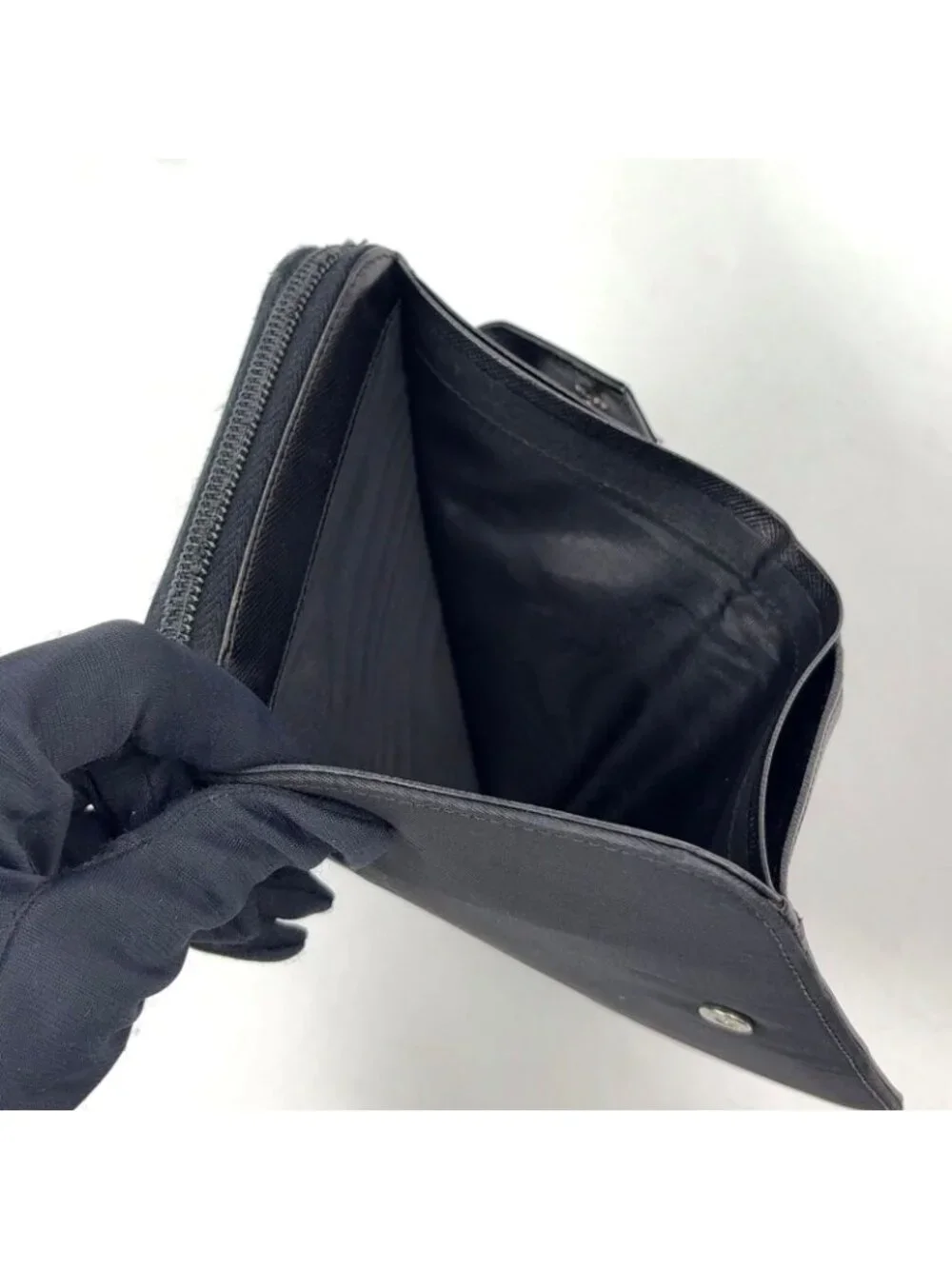 Prada Zip Around Leather Nylon Black Wallet Silver